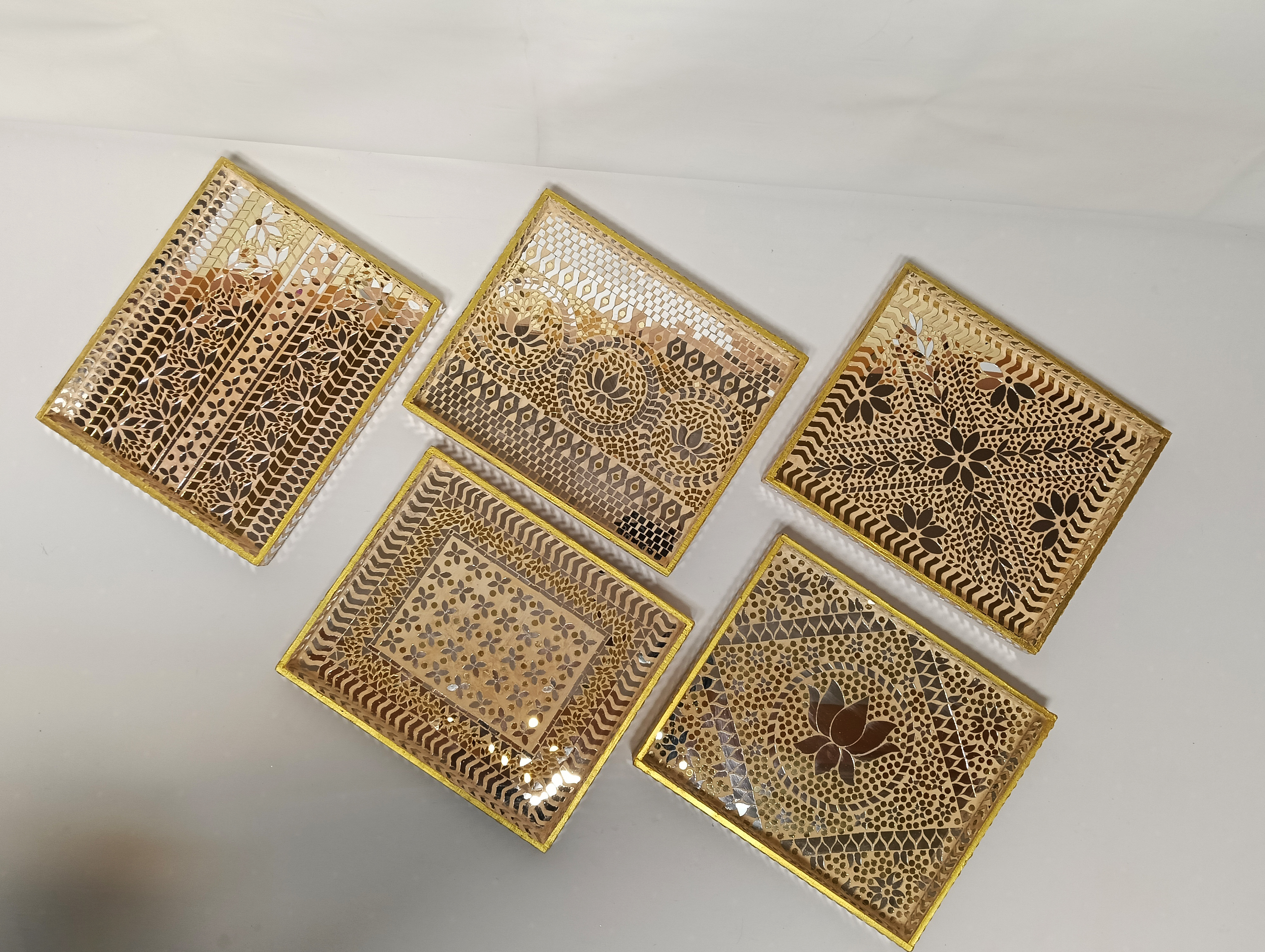 Gold Mirror-Work Square Platters — Bajot by Ekaiva