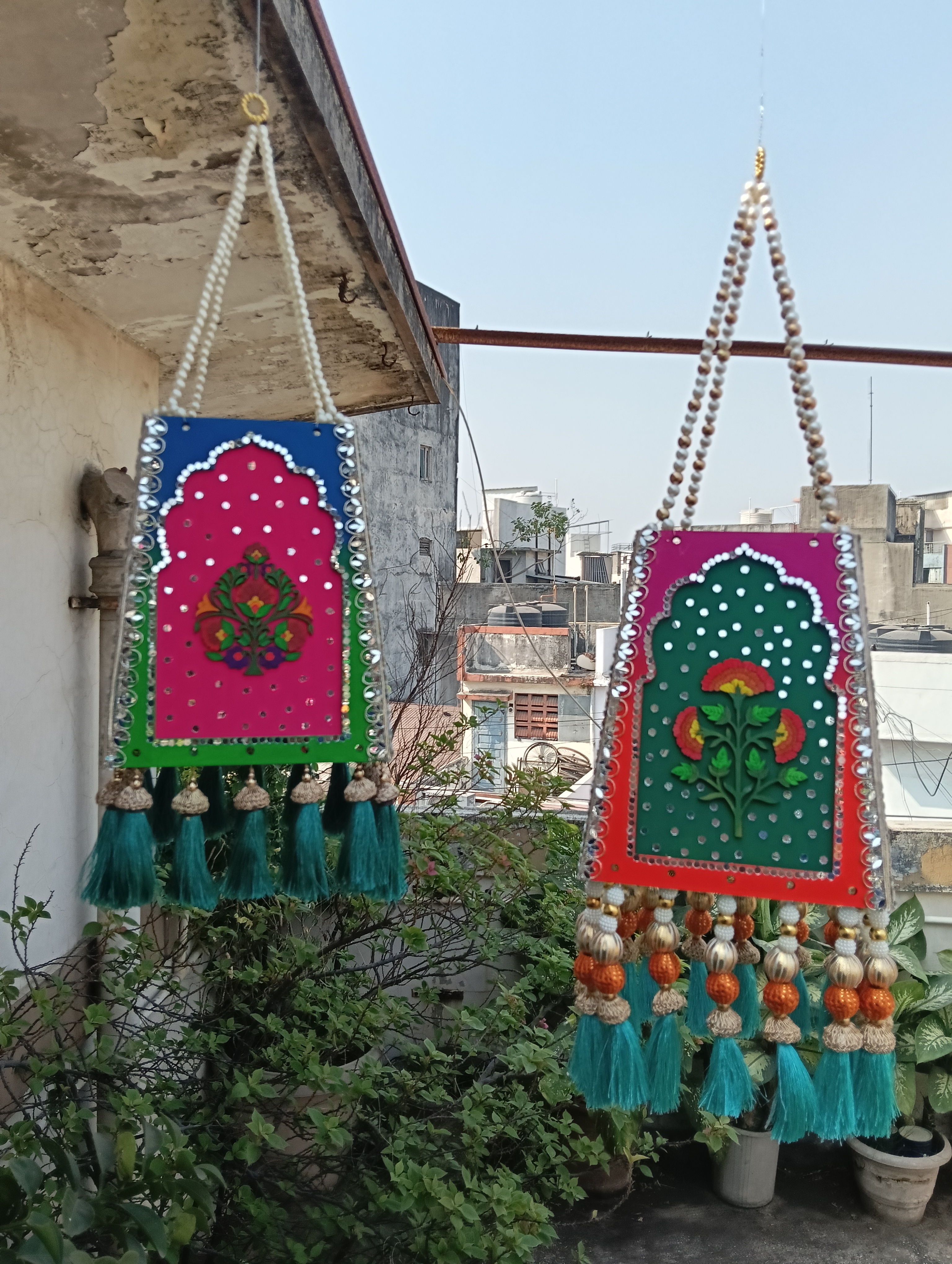 Blue-Green Painted Hanging Pair — Hanging by Ekaiva