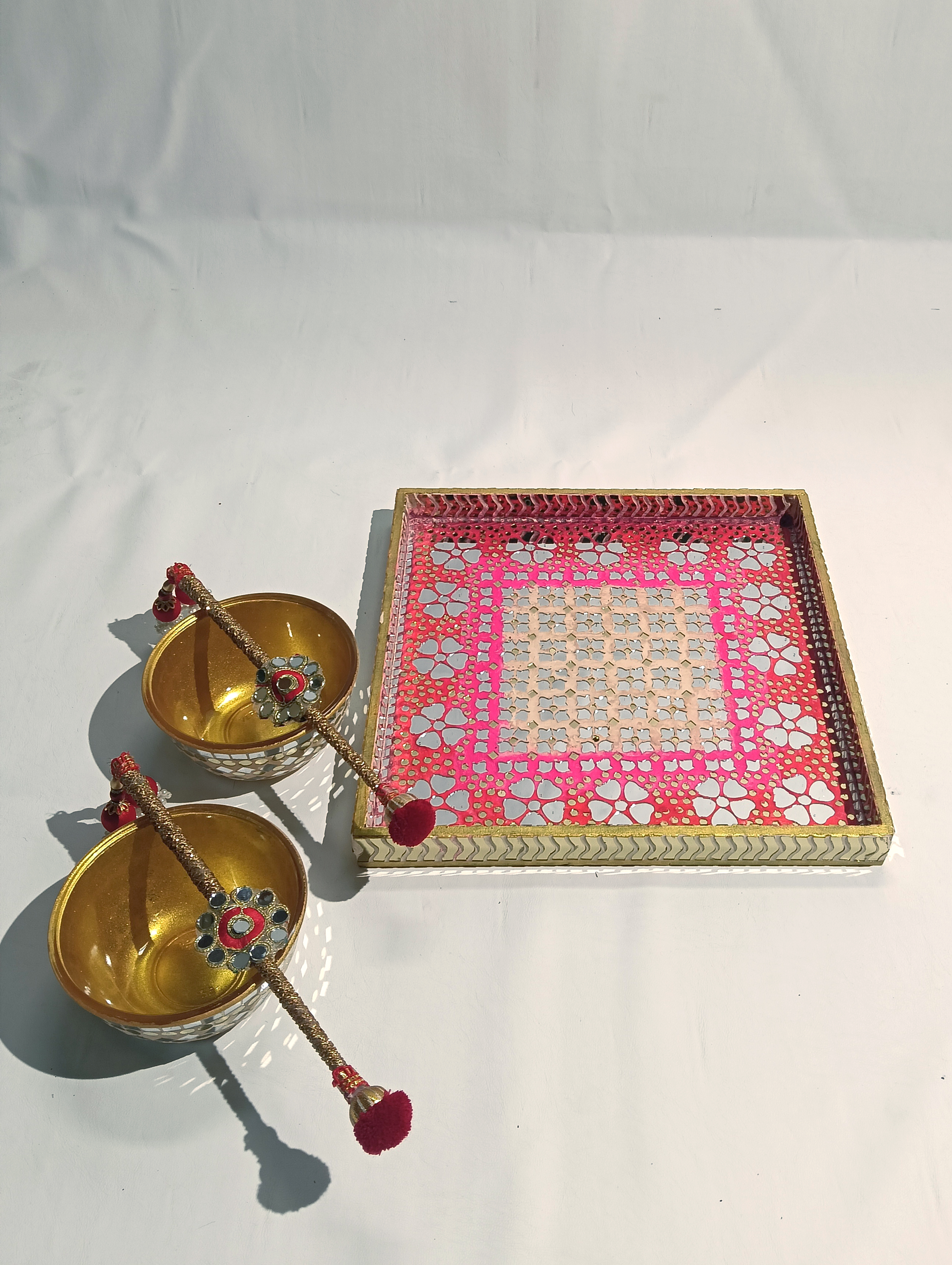 Pink Tray with Brass Cups — Platter by Ekaiva